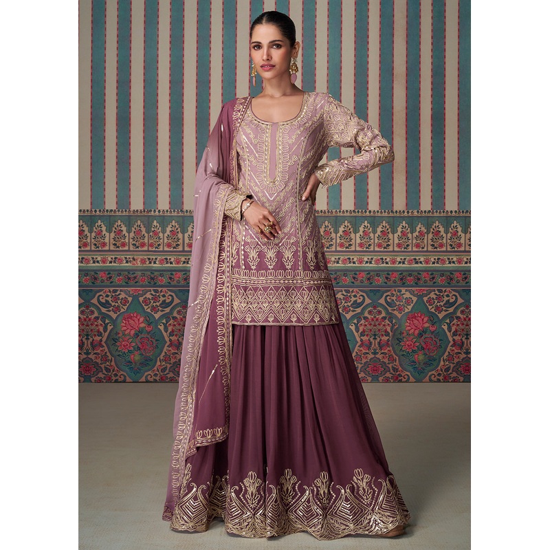 Pink & Peach Embroidered Wedding Wear Sharara Suit