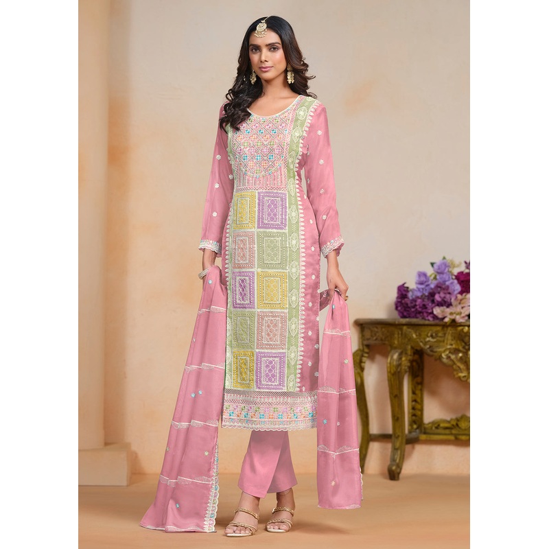 Pink Soft Organza Embroidered Festive Pant Style Suit