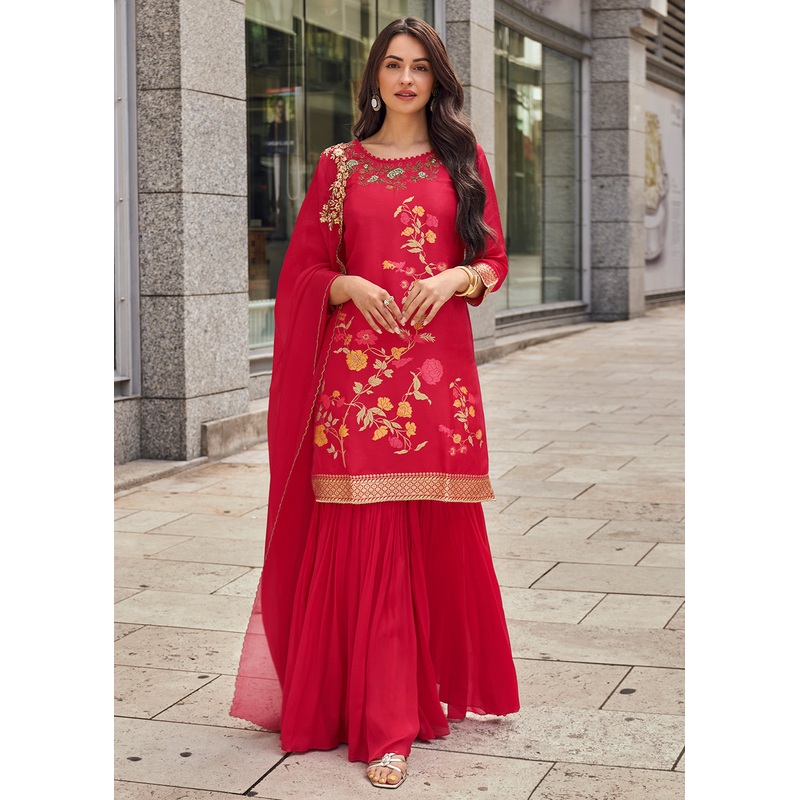 Pink Viscose Jacquard Silk Festive Style Sharara Suit