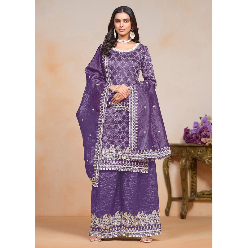 Plum Purple Gold Crushed Embroidered Palazzo Suit