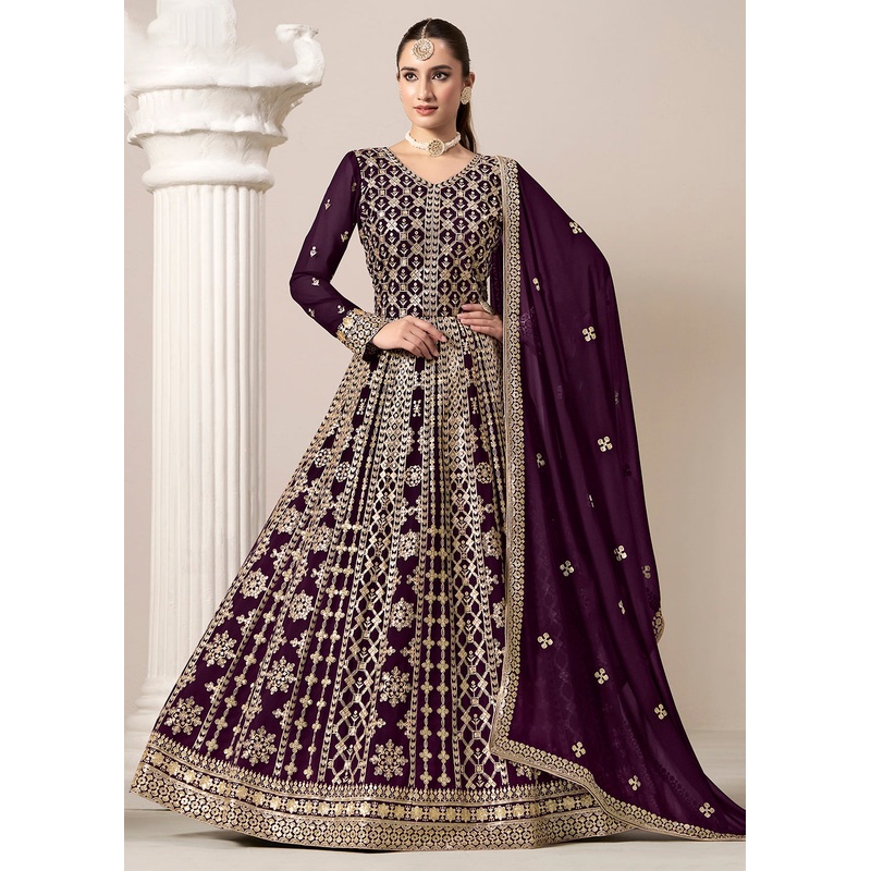 Purple All Over Embroidered Georgette Designer Anarkali Gown
