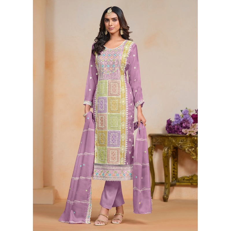 Purple Soft Organza Embroidered Festive Pant Style Suit