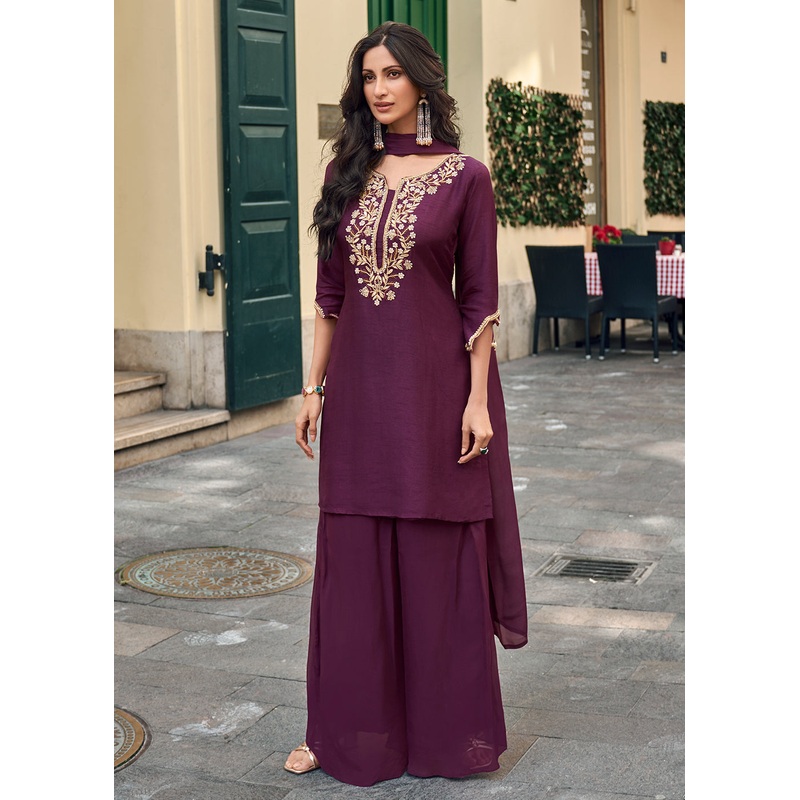 Purple Viscose Jacquard Silk Festive Style Sharara Suit