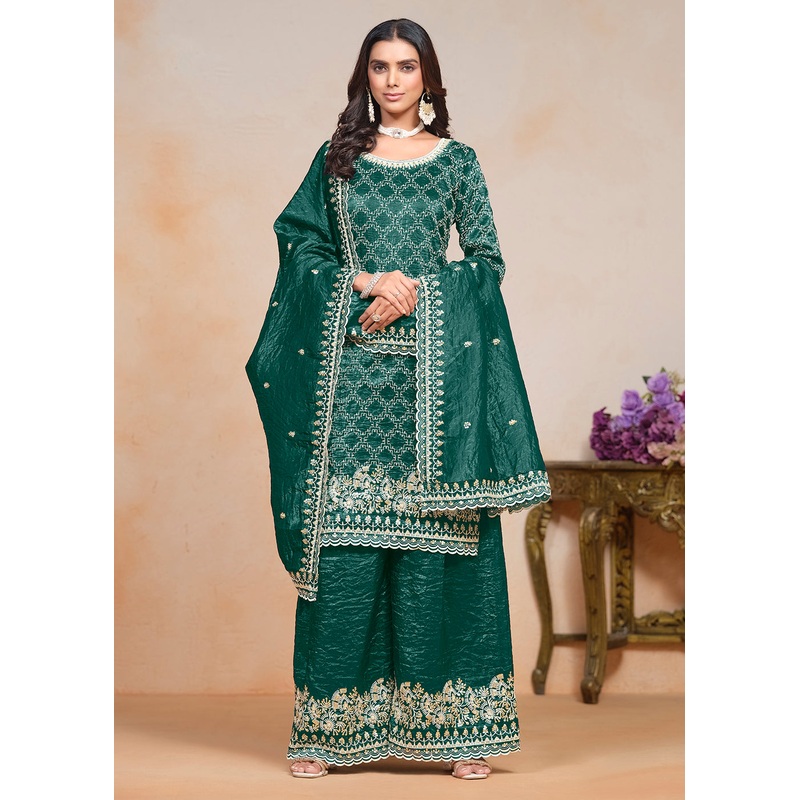 Rama Green Gold Crushed Embroidered Palazzo Suit