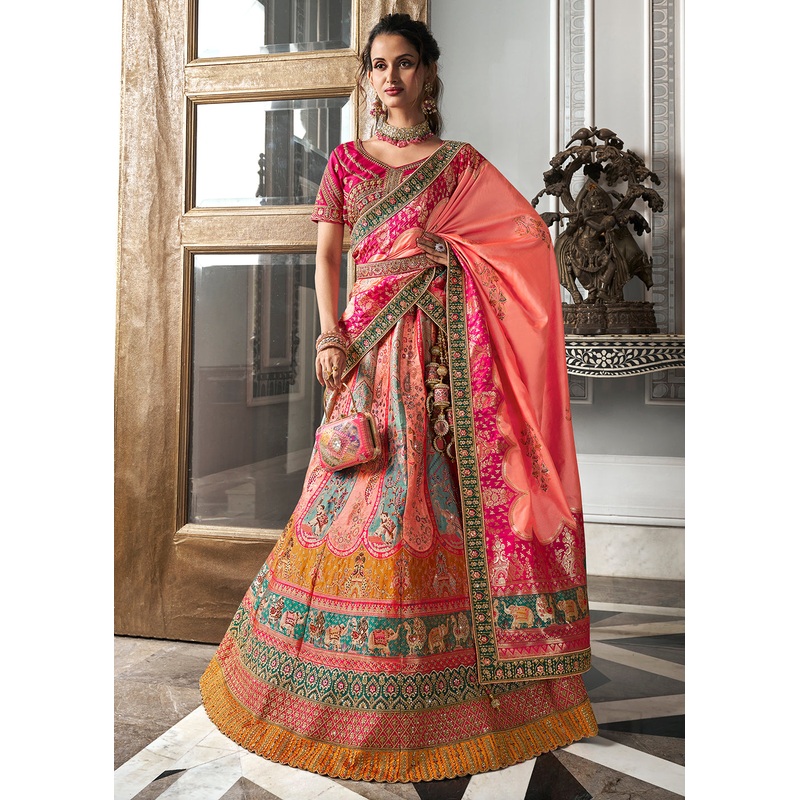 Rani Multicolor Banarasi Silk Embroidered Bridal Lehenga Choli