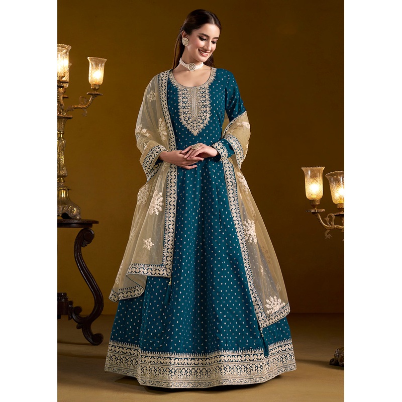 Teal Blue Chanderi Butti Embroidered Festive Anarkali Suit