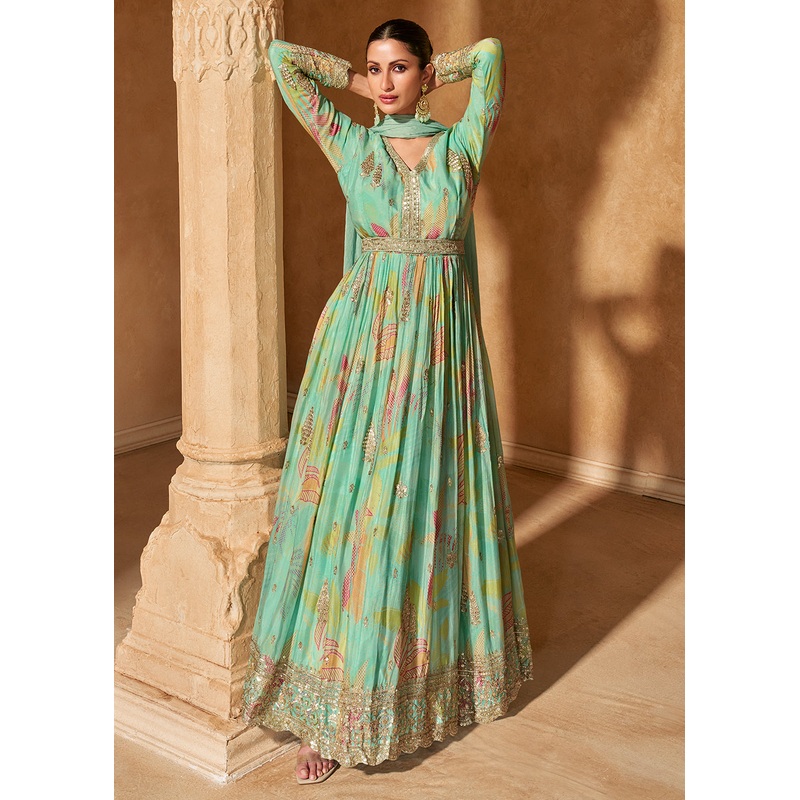 Turquoise Digital Printed Embroidered Chinnon Silk Anarkali Gown