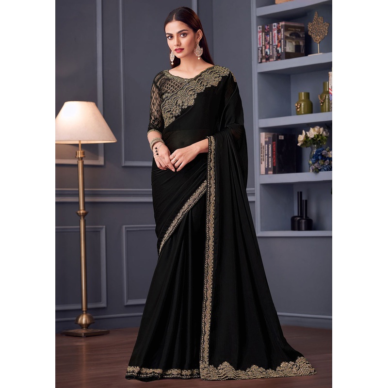 Wedding Festive Style Black Embroidered Designer Saree