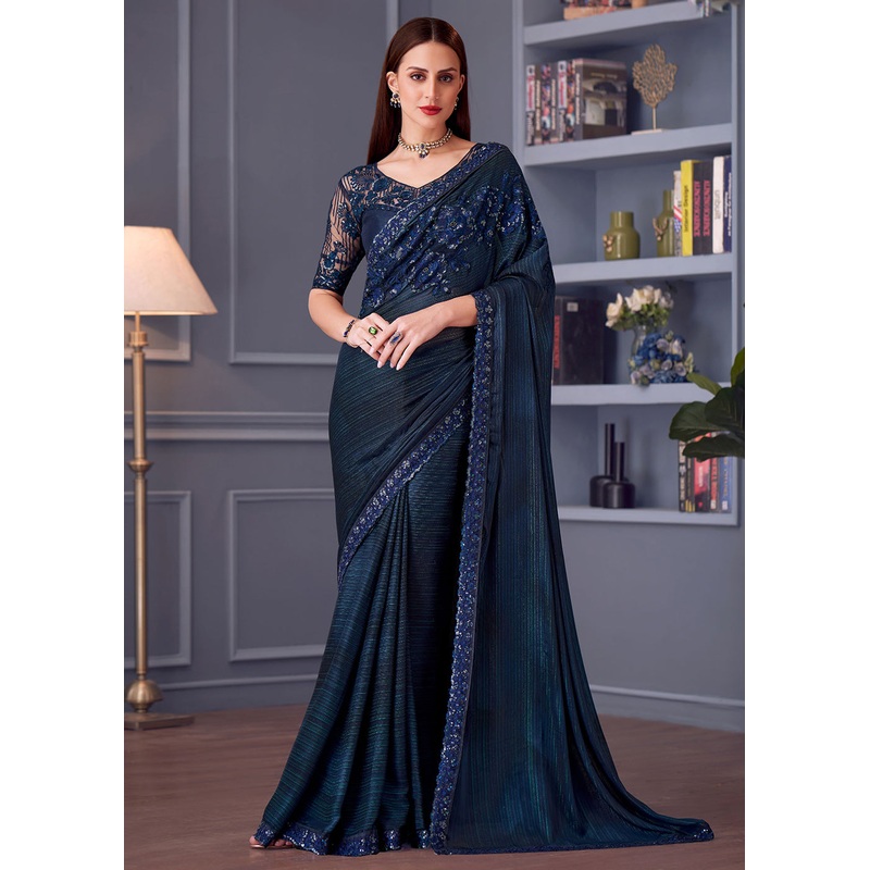 Wedding Festive Style Blue Embroidered Designer Saree