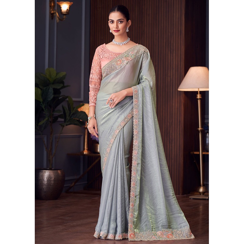 Wedding Festive Style Bluish Grey Embroidered Designer Saree