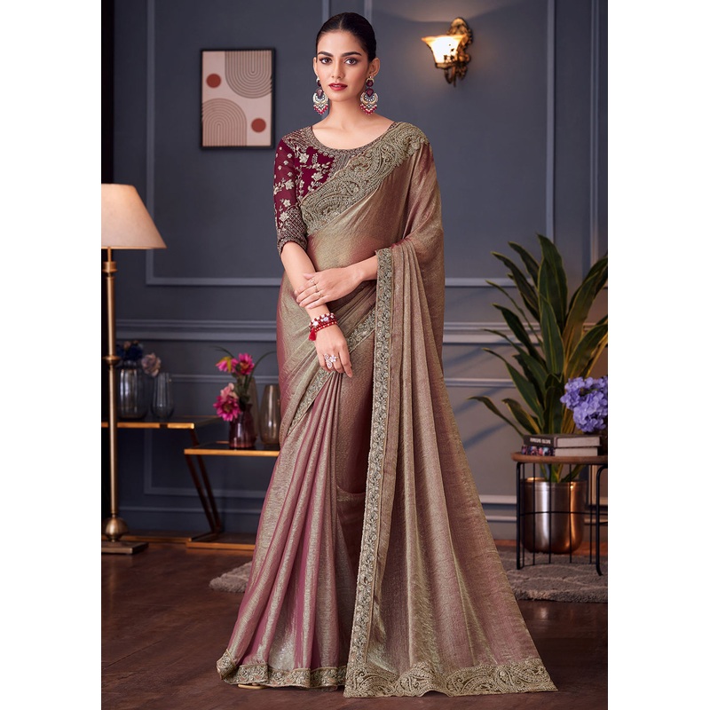 Wedding Festive Style Brown Embroidered Designer Saree