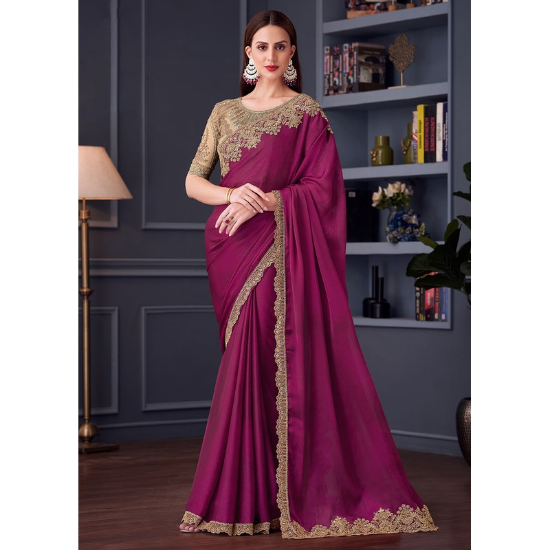Wedding Festive Style Magenta Embroidered Designer Saree
