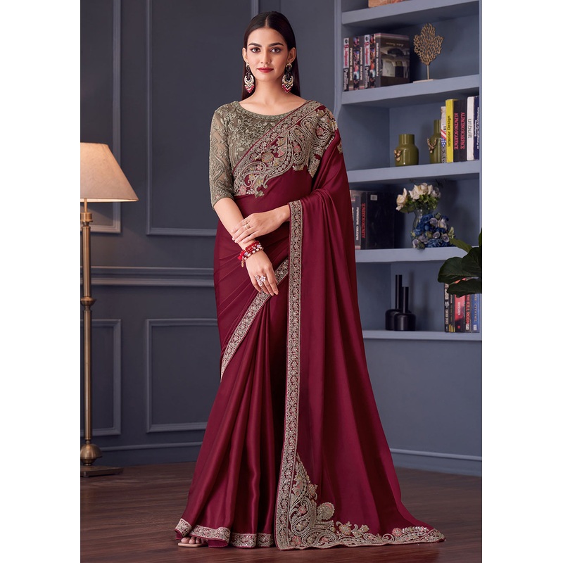Wedding Festive Style Maroon Embroidered Designer Saree