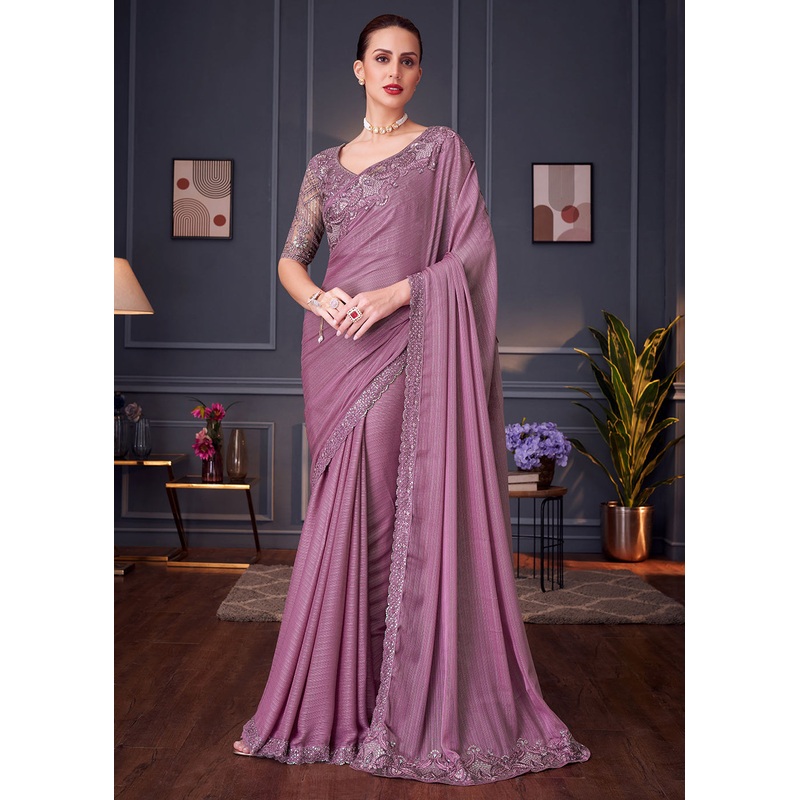Wedding Festive Style Mauve Embroidered Designer Saree