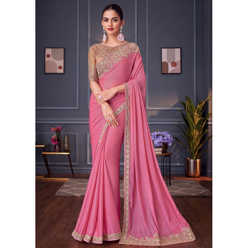 Wedding Festive Style Pink Embroidered Designer Saree