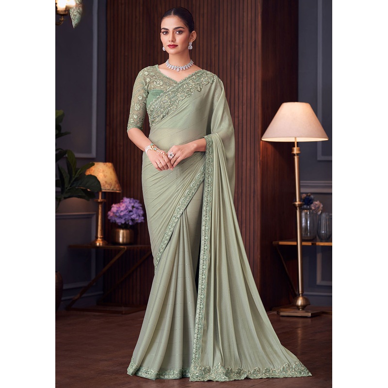Wedding Festive Style Pista Green Embroidered Designer Saree