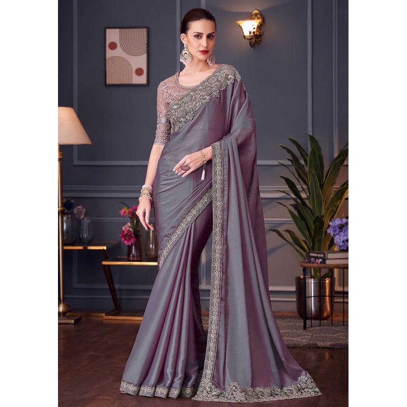 Wedding Festive Style Purple Embroidered Designer Saree