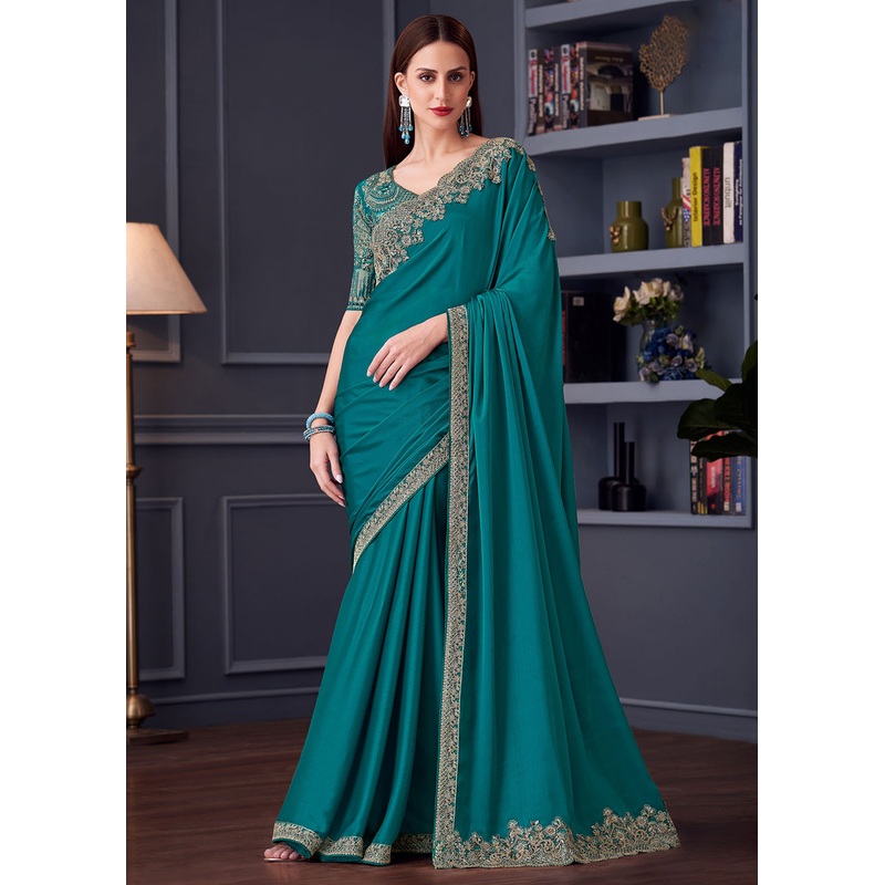 Wedding Festive Style Sea Green Embroidered Designer Saree