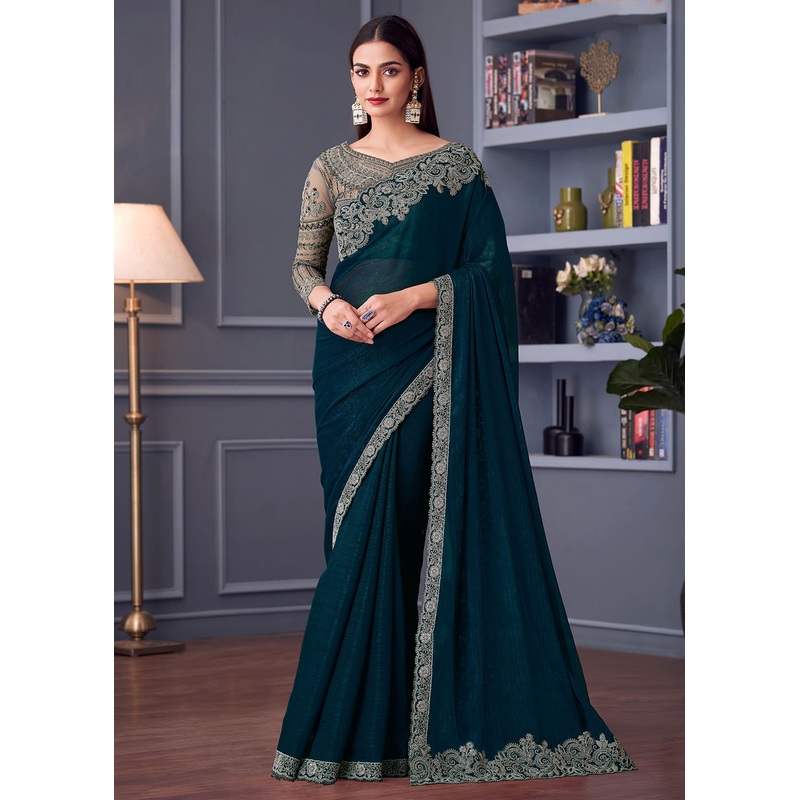 Wedding Festive Style Teal Blue Embroidered Designer Saree
