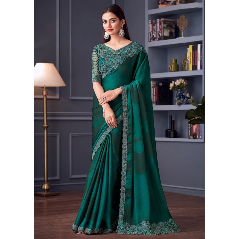 Wedding Festive Style Teal Green Embroidered Designer Saree