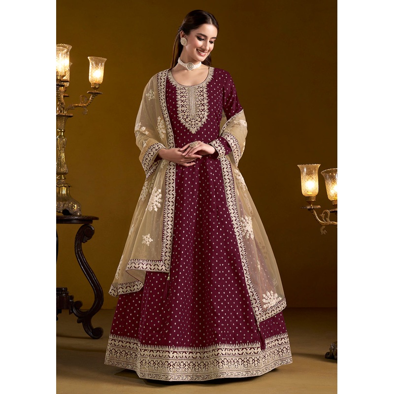Wine Chanderi Butti Embroidered Festive Anarkali Suit