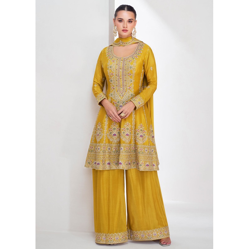 Yellow Festive Style Embroidered Trendy Palazzo Suit