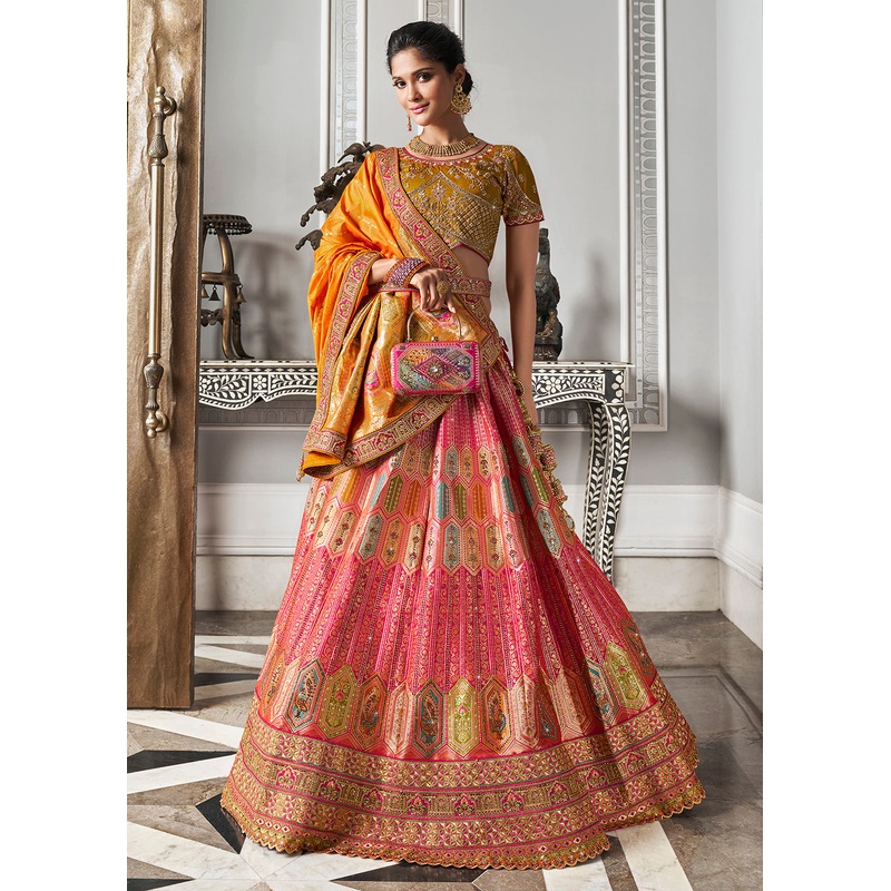 Yellow Multicolor Banarasi Silk Embroidered Bridal Lehenga Choli