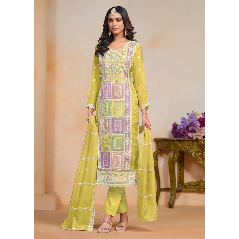 Yellow Soft Organza Embroidered Festive Pant Style Suit
