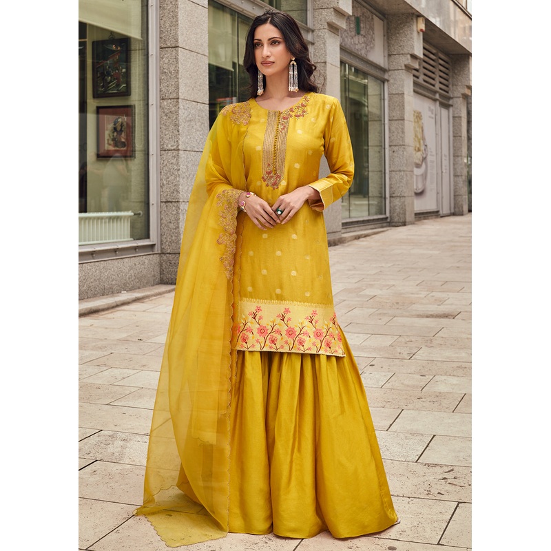 Yellow Viscose Jacquard Silk Festive Style Gharara Suit