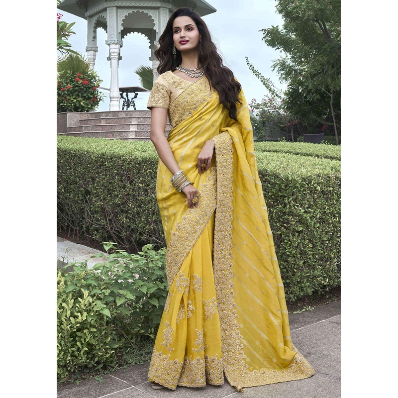 Yellow Viscose Silk Embroidered Designer Wedding Saree