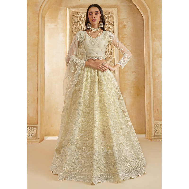 Adorable Cream Heavy Net Embroidered Bridal Lehenga Choli