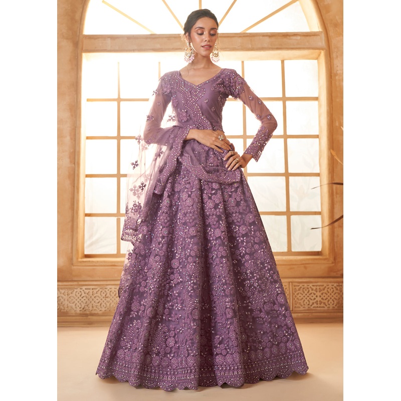 Adorable Purple Heavy Net Embroidered Bridal Lehenga Choli