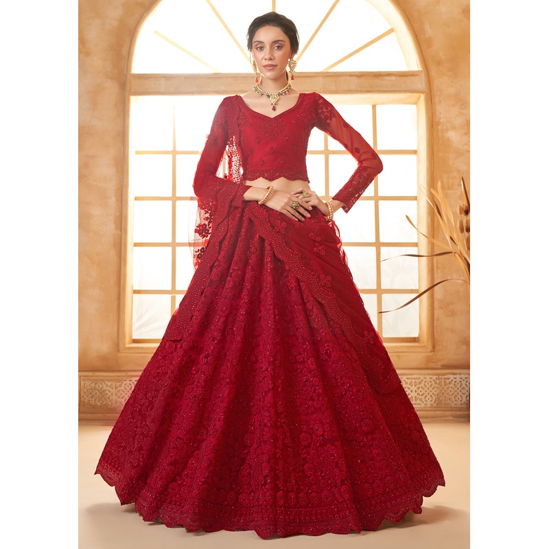 Adorable Red Heavy Net Embroidered Bridal Lehenga Choli