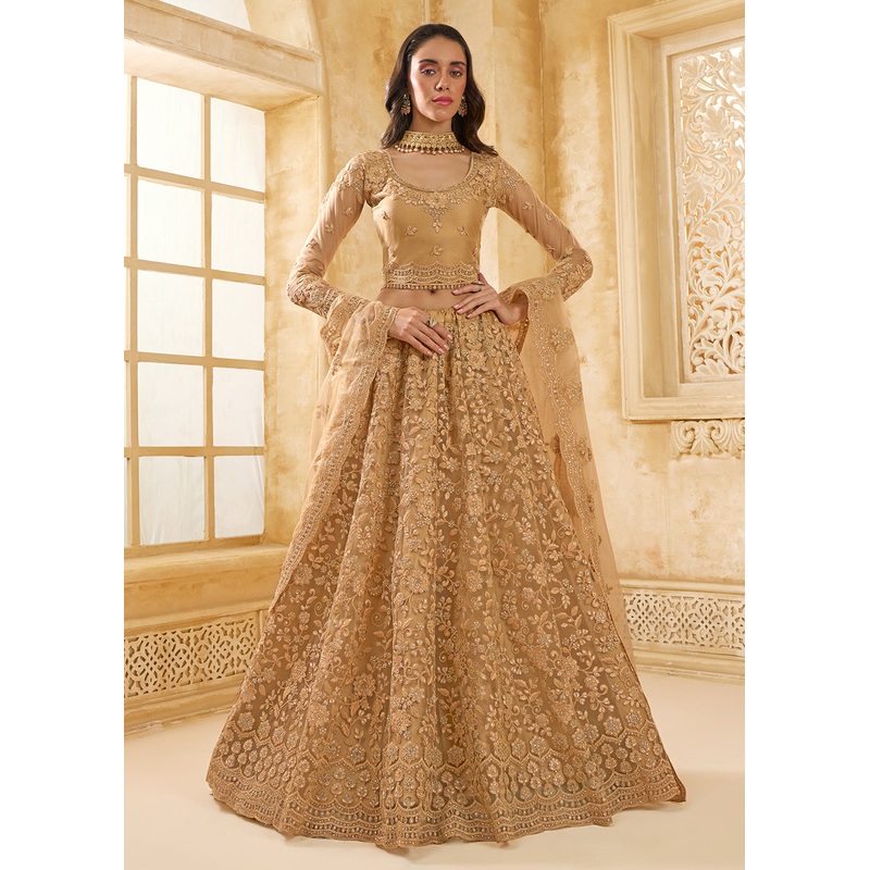 Attractive Golden Heavy Net Embroidered Bridal Lehenga Choli