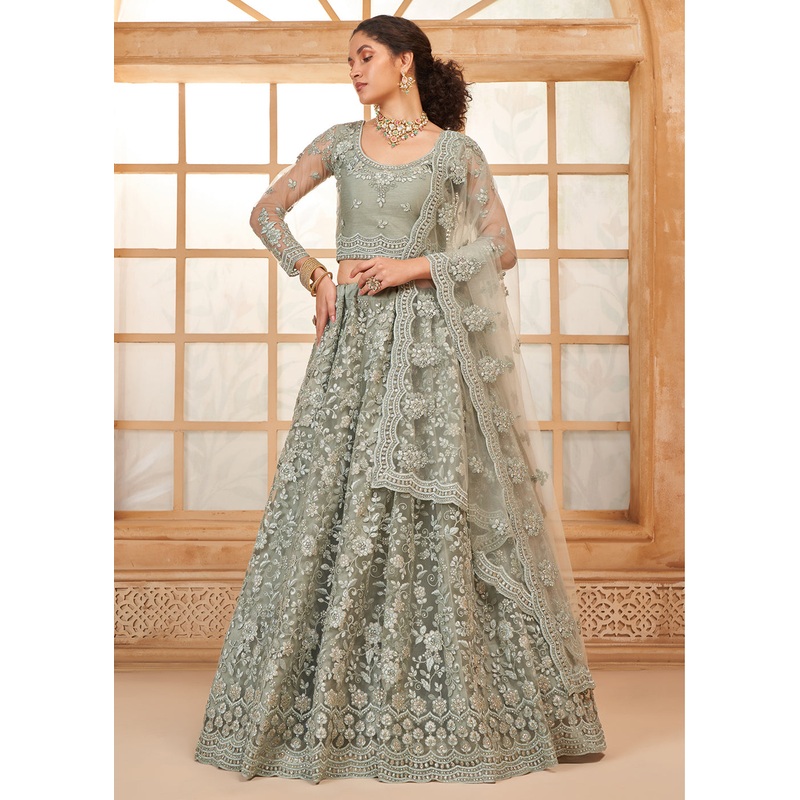 Attractive Grey Heavy Net Embroidered Bridal Lehenga Choli