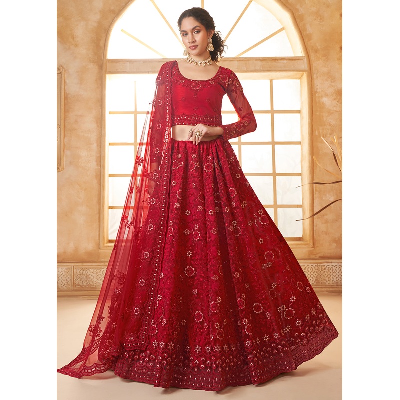 Attractive Red Heavy Net Embroidered Bridal Lehenga Choli