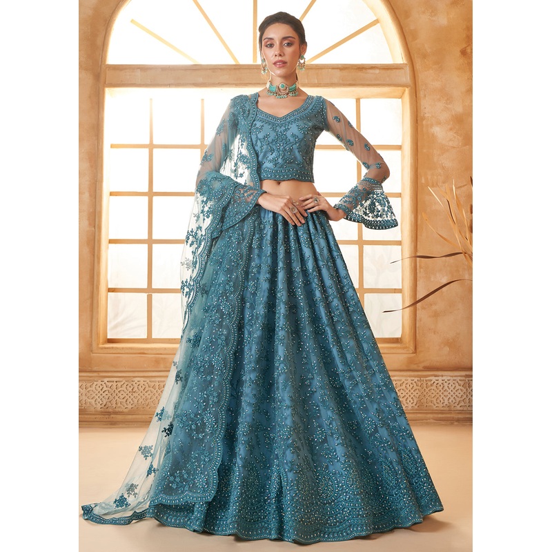 Awesome Blue Heavy Net Embroidered Bridal Lehenga Choli