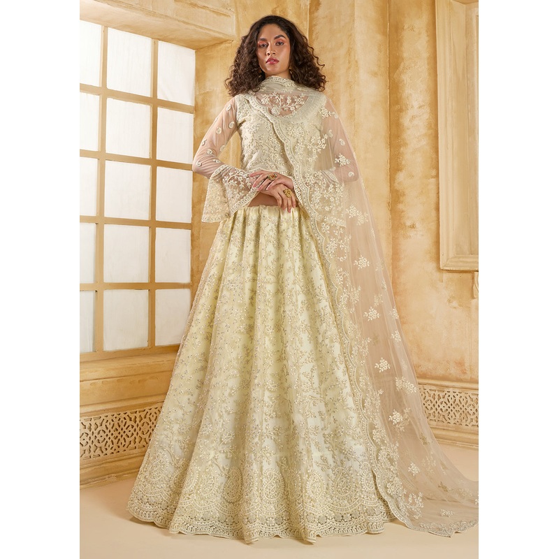 Awesome Cream Heavy Net Embroidered Bridal Lehenga Choli