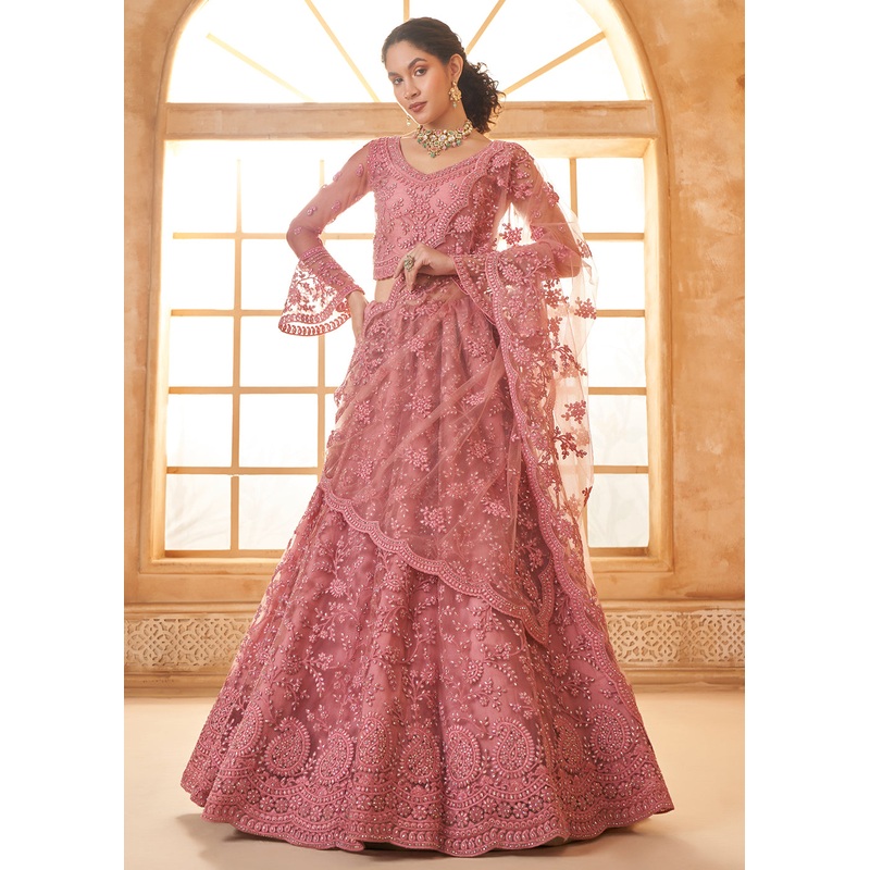 Awesome Pink Heavy Net Embroidered Bridal Lehenga Choli