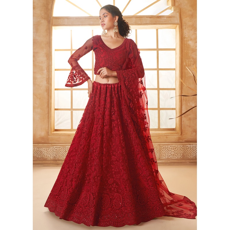 Awesome Red Heavy Net Embroidered Bridal Lehenga Choli