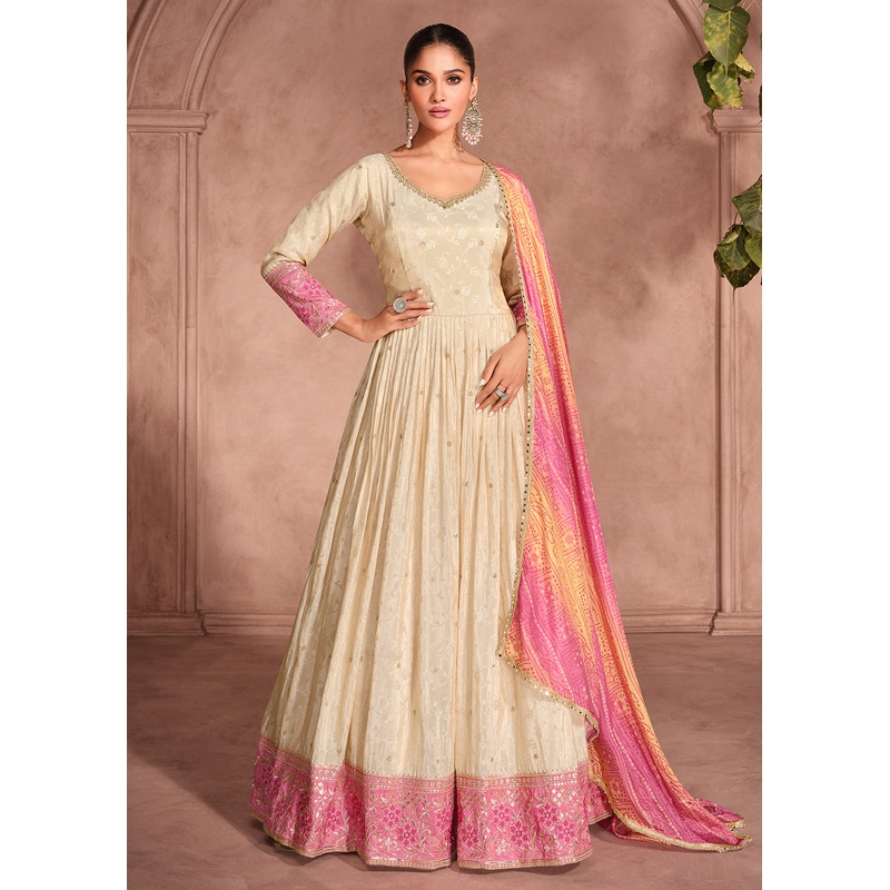 Beige & Pink Embroidered Anarkali Gown with Bandhani Dupatta