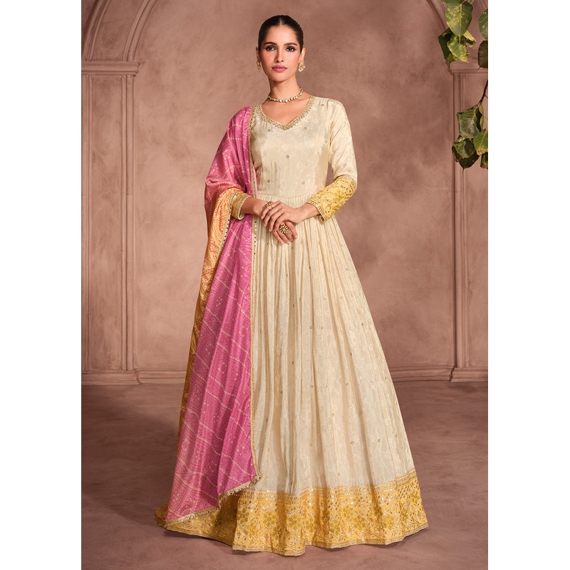Beige & Yellow Embroidered Anarkali Gown with Bandhani Dupatta