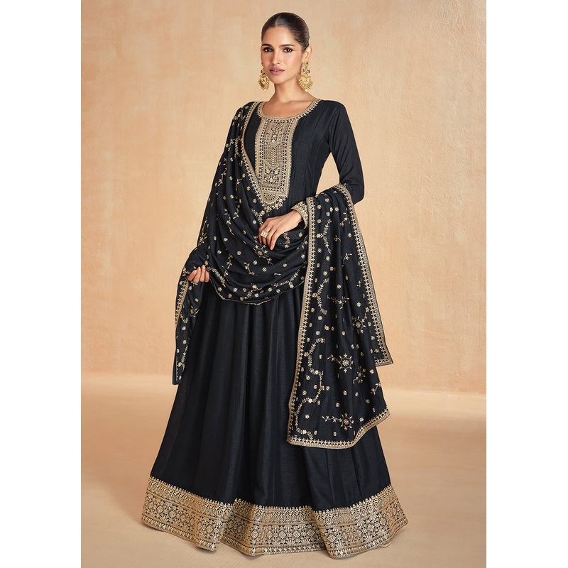 Black Silk Embroidered Wedding Party Anarkali Suit