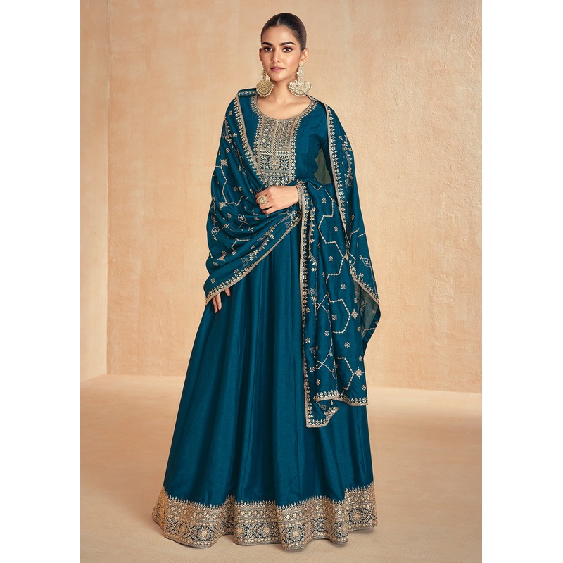 Blue Silk Embroidered Wedding Party Anarkali Suit