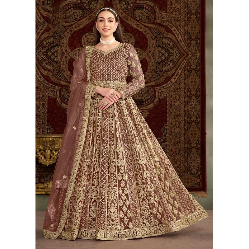 Brown All Over Embroidered Net Wedding Anarkali Gown