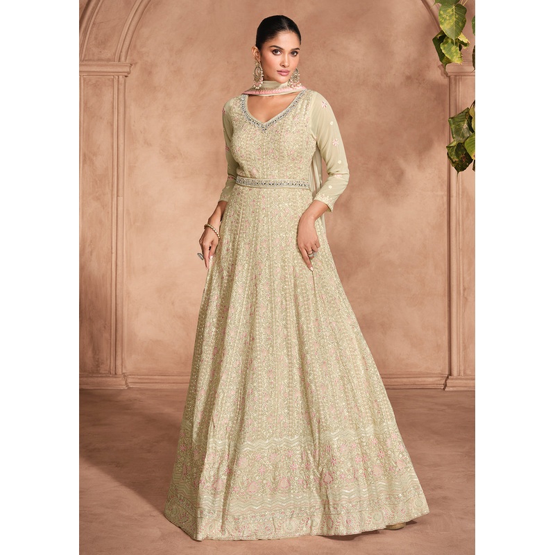 Chikankari Embroidery Beige Wedding Wear Anarkali Gown