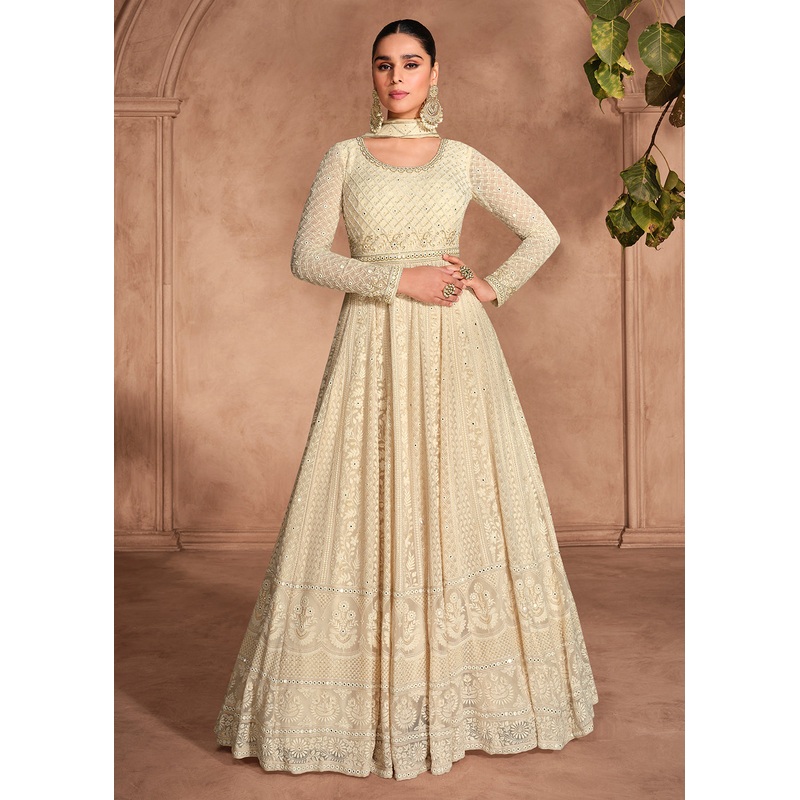 Chikankari Embroidery Cream Wedding Wear Anarkali Gown