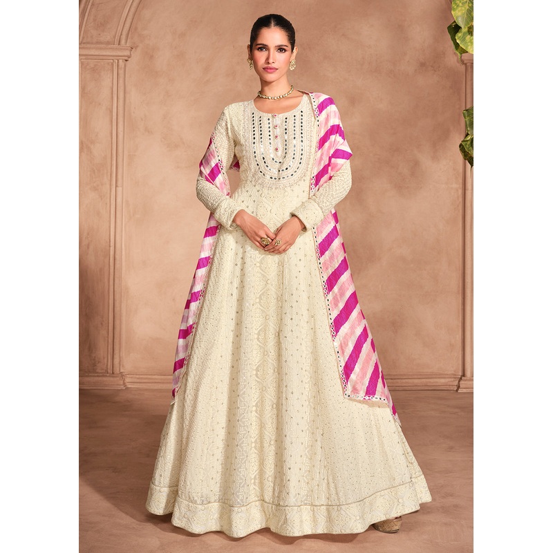 Chikankari Embroidery Off White Wedding Wear Anarkali Gown