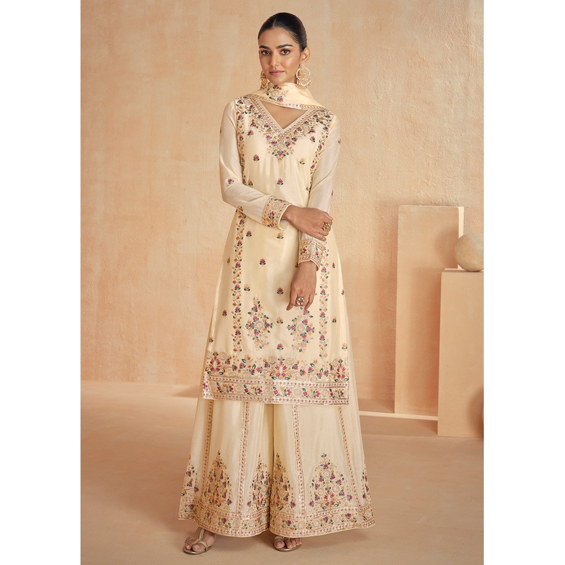 Chinnon Silk Embroidered Cream Designer Palazzo Suit