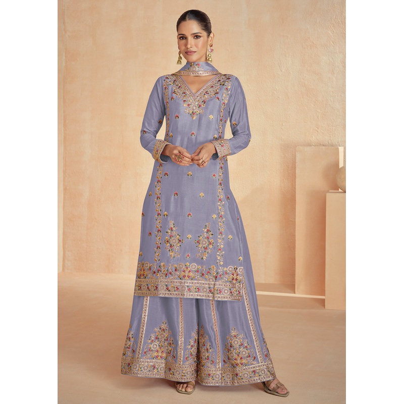 Chinnon Silk Embroidered Lilac Designer Palazzo Suit
